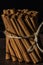 A standing bundle of cinnamon sticks tied together with twine.