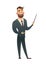 Standing business man teacher pointing with wooden pointer stick