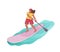 Standing cartoon cheerful woman is paddling with paddle board on the water.