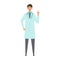 Standing doctor man in lab coat. Smiling,  pointing