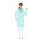 Standing doctor woman in lab coat. Smiling,  pointing