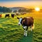 a standing in a field with a herd of cows in the background at sunset or with the sun shining on the