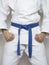 Standing fighter blue belt martial arts white suit