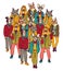 Standing group people with cats and dogs heads