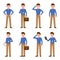 Standing with hands on hips, coffee, talking on phone, using tablet, writing notes, thumbs up blue shirt boy cartoon character
