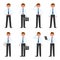 Standing hands on hips, drinking coffee, talking on phone, using tablet, writing notes, thumbs up man cartoon character vector