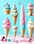 Standing Ice Cream Cones filled with High Icecream in Rose, Blue, Green, Yellow AI Generated