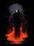 Standing in a lake of molten rock an ancient being with flowing midnight hair and burning red eyes. Gothic art. AI