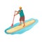 Standing man is paddling with paddle board on the water.