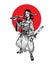 Standing Masked Samurai Girl Holding Katana, Hand Draw Illustration