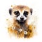 Standing meerkat, suricMeerkat portrait with daisies, watercolour illustration, front view of this cute African mongoose on a