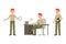 Standing with notes, writing at the table, sitting side view boy cartoon. Happy, smiling, red hair young office guy vector