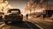 Standing old rusty pickup truck and a man walking on the road in a dangerous radioactive zone after a nuclear war