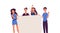 Standing people holding banner vector flat illustration. Character friend protest together blank. Group demonstration poster