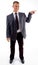 Standing pointing businessman looking at camera