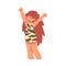 Standing Primitive Woman Character from Stone Age Wearing Animal Skin with Raised Hands Vector Illustration