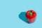 Standing red pepper on pastel blue background. Shadow on the left. Creative food concept