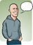 Standing smiling bald young man with speech balloon