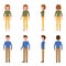 Standing, smiling, front, side, back view male and female people cartoon character set