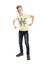 Standing teenager boy in jeans and a yellow T-shirt shows muscles. Full height. Isolated over white background