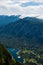 Standing on top of the mountain Planina Blato in the Triglav National Park in Slovenia looking down on Lake Bohinj and the village