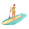 Standing woman is paddling with paddle board on the water.