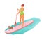 Standing woman is paddling with paddle board on the water with pet dog