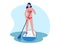 Standing woman is paddling with paddle board on the water. Woman in water on sup board. SUP surfing concept