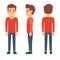 Standing young man, boy character in front, back, side view in casual clothes vector set