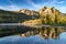 Stanley Lake in the Sawtooth National Forest at sunrise with mountain reflection in water