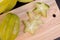 Star apple and averrhoa carambola on wooden block. Fresh star apple fruit on wood table.