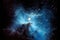 star birth in a distant, dusty nebula, with bluish nebulosity and vibrant stars