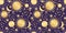 Star celestial seamless pattern with sun and moon. Magical astrology in vintage boho style. Golden sun with rays and