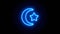 Star Crescent neon sign appear in center and disappear after some time. Loop animation of blue neon icon