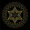 Star of David on black background. jewish religious motif. Golden David star in circle frame with antiquarian