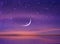 Star fall shower moon on blue lilac pink purple  starry sky  reflection on sea with planet flares universe  nebula telescope
