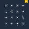Star icon. Set of white spark effect. Collection of star shine symbols. Light elements flat design on dark background. Starburst.