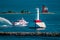 Star line ferry passing the two lighthouses on Mackinac Island Michigan