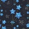 Star pattern. Bright blue balloons stars. Flying surprise. Greeting card. Festive party.