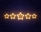 Star rating neon banner. Golden five stars on brick wall. Shining signboard. Night bright advertising. Vector