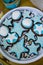 Star and seashell biscuit cookies, blue and white marzipan, marine thematic candy bar