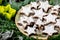 Star shape cocoa cookies with white glaze. Christmas decorations on thuja branches.
