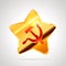 Star shaped bright glossy golden badge icon with red soviet sickle and hammer, communist USSR symbol on white
