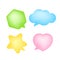 Star shaped speech bubble yellow, heart shaped speech bubble pink, hexagon speech bubble green, cloud speech bubble blue, geometry