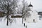 Staraya Ladoga, Russia, January 5, 2019. View of the courtyard of the fortress, Orthodox churches and tourists.