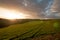 Starburst sunset with lens flare over Devon fields