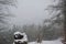 Stare Splavy, Czechia - January 22, 2023: Machovo jezero in Machuv kraj during snowfall