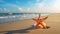 Starfish on the beach with sea and sky background. Copy space.