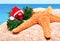 Starfish, christmas baubles and pine twig on the sand