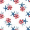 Starfish and cowrie shell seamless vector pattern background. Hand drawn marine creature red blue white backdrop. Ocean